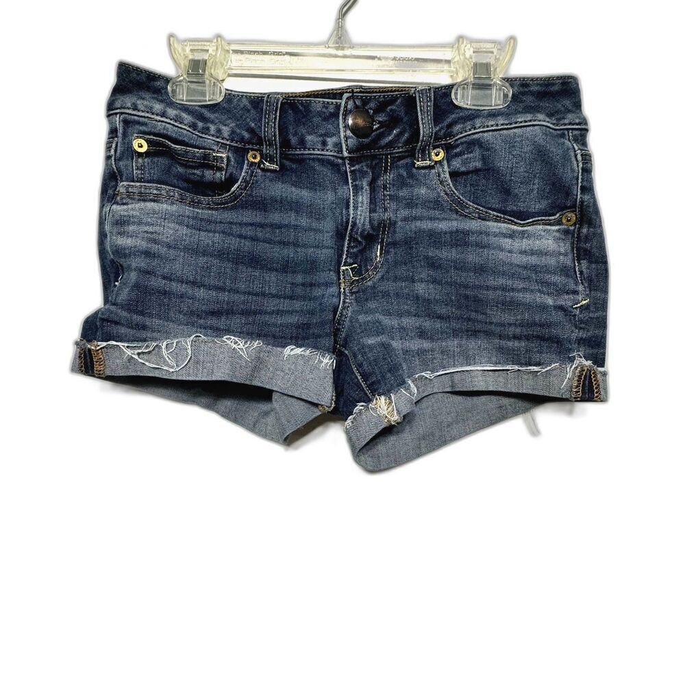 American Eagle Denim Shorts Shortie Dark Blue Jeans Cuffed Cut Off Women sz 2
